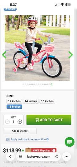 18” Kids bike with training wheels and doll Seat - New Open Box