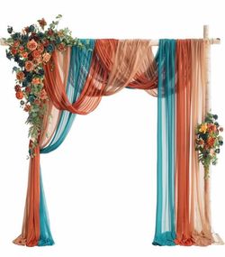 Ling's Moment Deluxe Wedding Arch Flowers with Sheer Drapes Kit - Artificial Teal and Orange Floral Arrangements for Ceremony Backdrop, Arbor Decor, 5