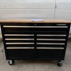 Husky Tool Storage 46 in. W x 18 in. D 9-Drawer Mobile Workbench Cabinet in Gloss Black