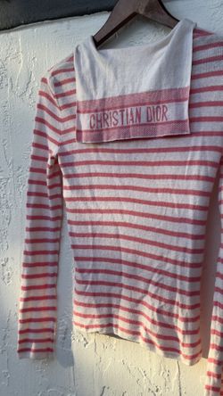 Christian Dior pink and white striped linen knit top with a sailor collar shirt