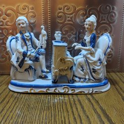 Antique Victorian Man And Woman Playing A Violin And A Piano Figurine White And Blue 
