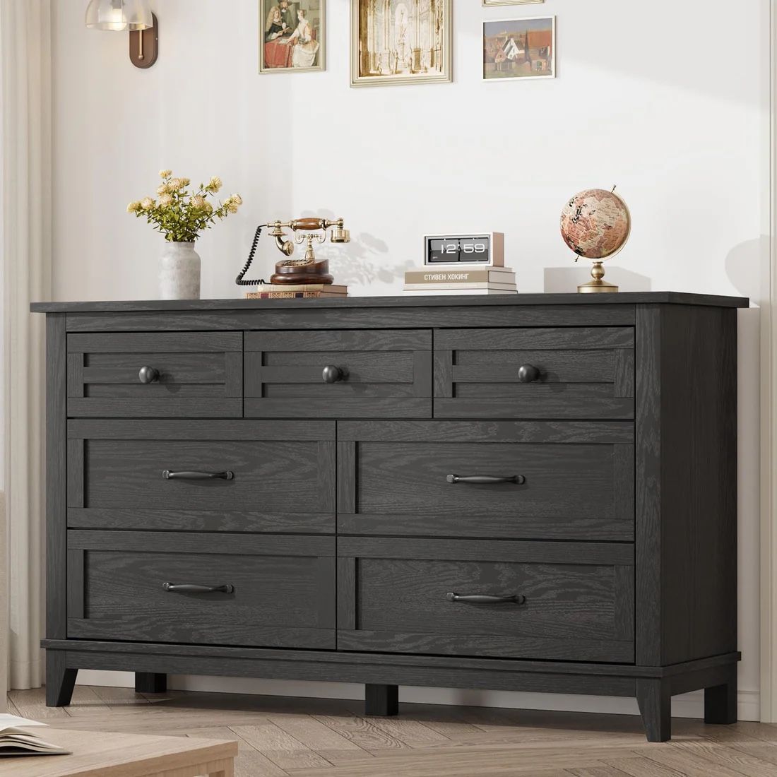 7 Drawer Dresser with Storage for Bedroom and Living Room, 54 in Wide, Black Wooden Chest