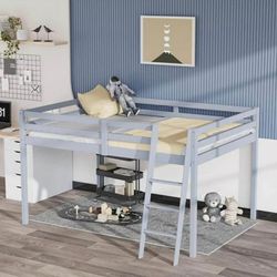 New -VINGLI 47'' Tall Junior Low Loft Bed with Stairs, Wood Loft Bed Twin Size for Adults, Kids and Young Teens, No Box Spring Required,Wood Slat Supp