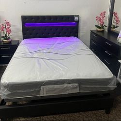 Bed Frame Black Full Size Led And Full Regular Mattress New  