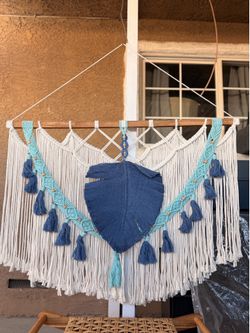 Beautiful Large Handmade Boho Macramé Wall Hanging | Blue & Cream Woven Fiber Art