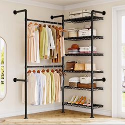 Clothes Rack Wall Mounted, Industrial Closet Organizers System with 2 Telescopic Rod & 6 Shelves