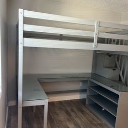 Kids Full Size Loft Bed with Stairs and Desk Wood with Storage Bookcase and Glass Desk Tops 