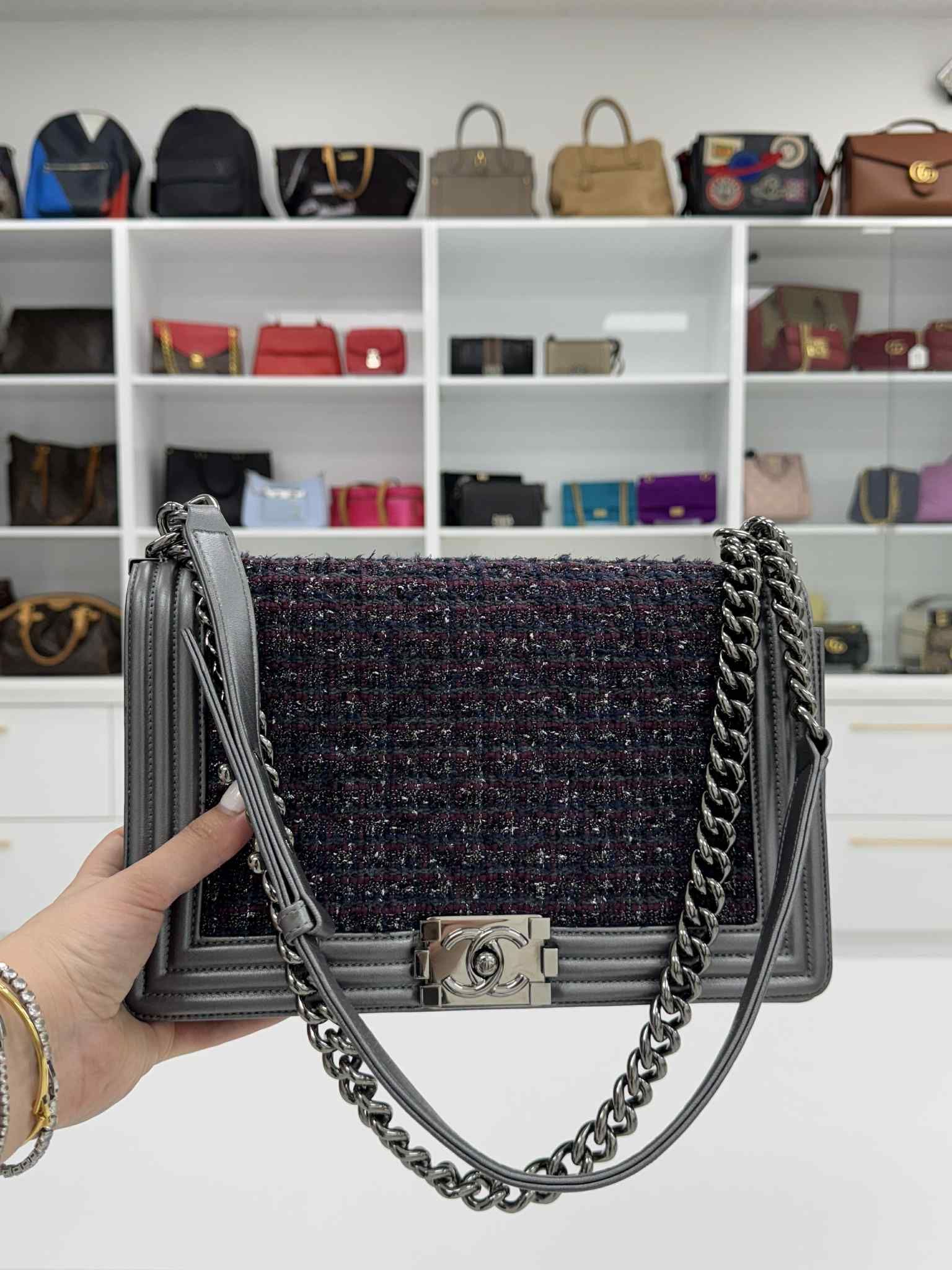 CHANEL Boy Medium Tweed Leather Metallic Grey