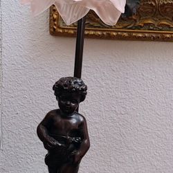Vintage Art Nouveau Cherub Lamp With Floral Glass Shade