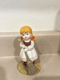 3”Porcelain Girl with Broom Figurine