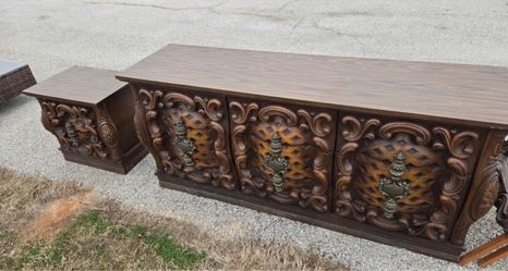 Vintage Carved Wood Credenza & Matching Nightstand