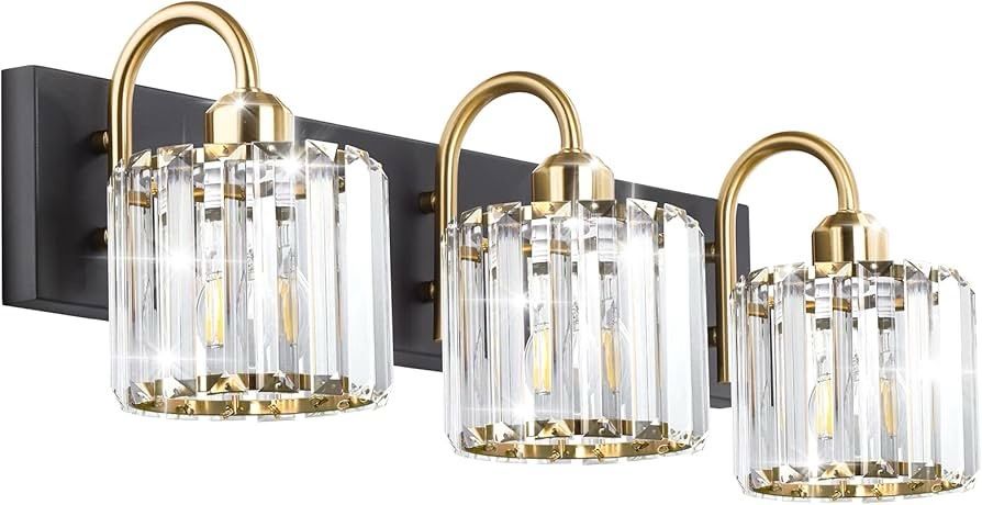 O942 $30 Gold & Black 3-Light Vanity Lights - Crystal Bathroom Fixtures Over Mirror Top highlights Color Black+Gold Material Iron, Crystal Light fix