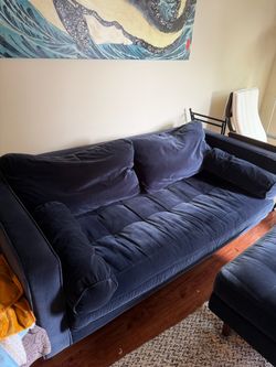 Article Navy Blue Velvet Sofa with Wood Frame + Ottoman