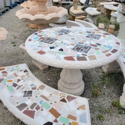 Concrete Mosaic Picnic Table with 3 Benches/ Outdoor Patio Furniture