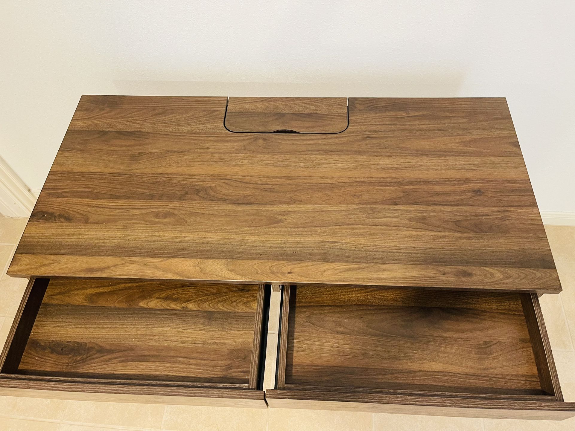 Loring Wood Writing Desk with Drawers and Charging Station Walnut