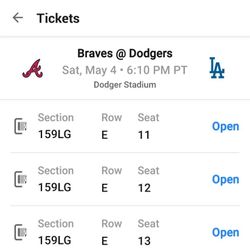 4 Dodgers vs Braves Game Tickets