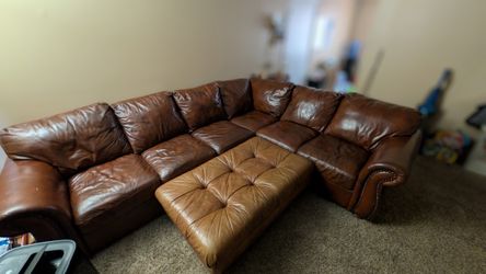 Large Brown Leather Sectional Sofa with Matching Ottoman