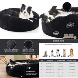 Calming Dog Bed for Large Dogs - Donut Washable Large Pet Bed, 36 inches Anti-Slip Round Fluffy Plush Faux Fur Dog Bed, Fits up to 100 lbs Pets, Black