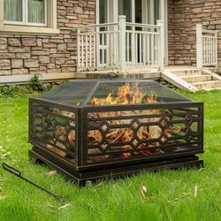 D391-Outdoor Fire Pit, 32 Inch Wood Burning Firepit for Outside with Mesh Cover & Fire Poker, Large Square Metal Fireplace for Patio, Backyard, Garden