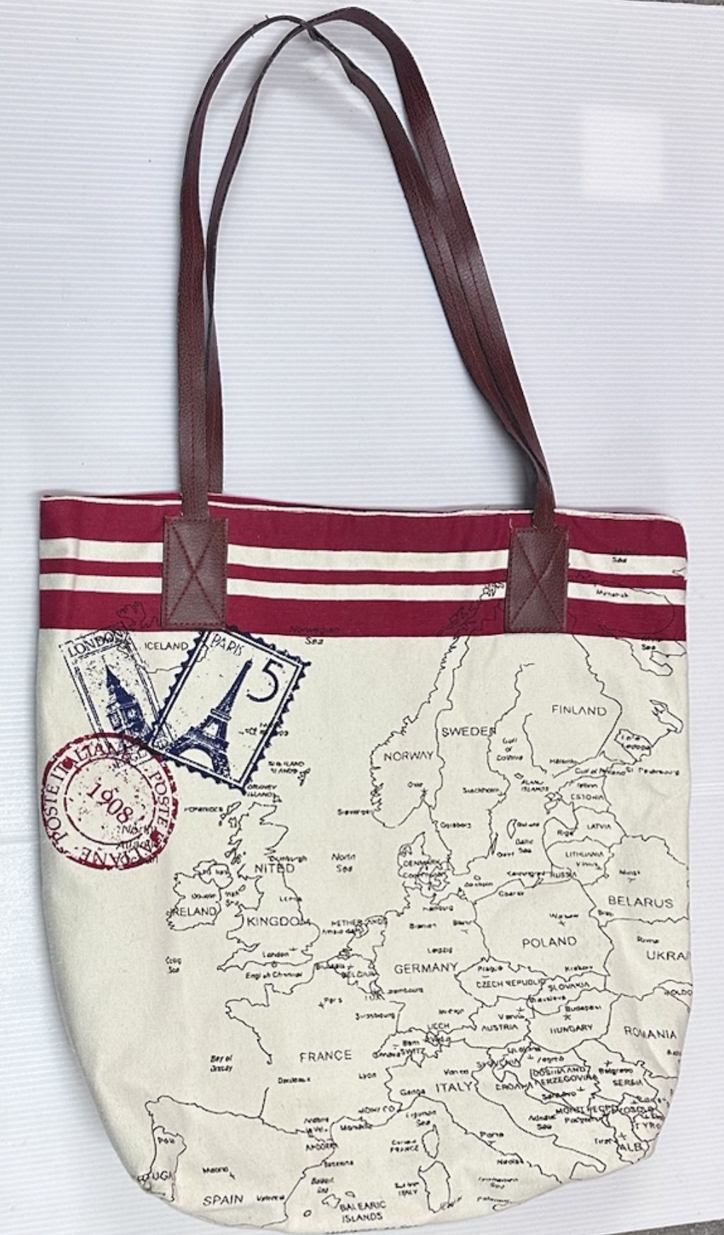 World Map Canvas Tote Large Made In India Red Interior With Pocket Brown Strap