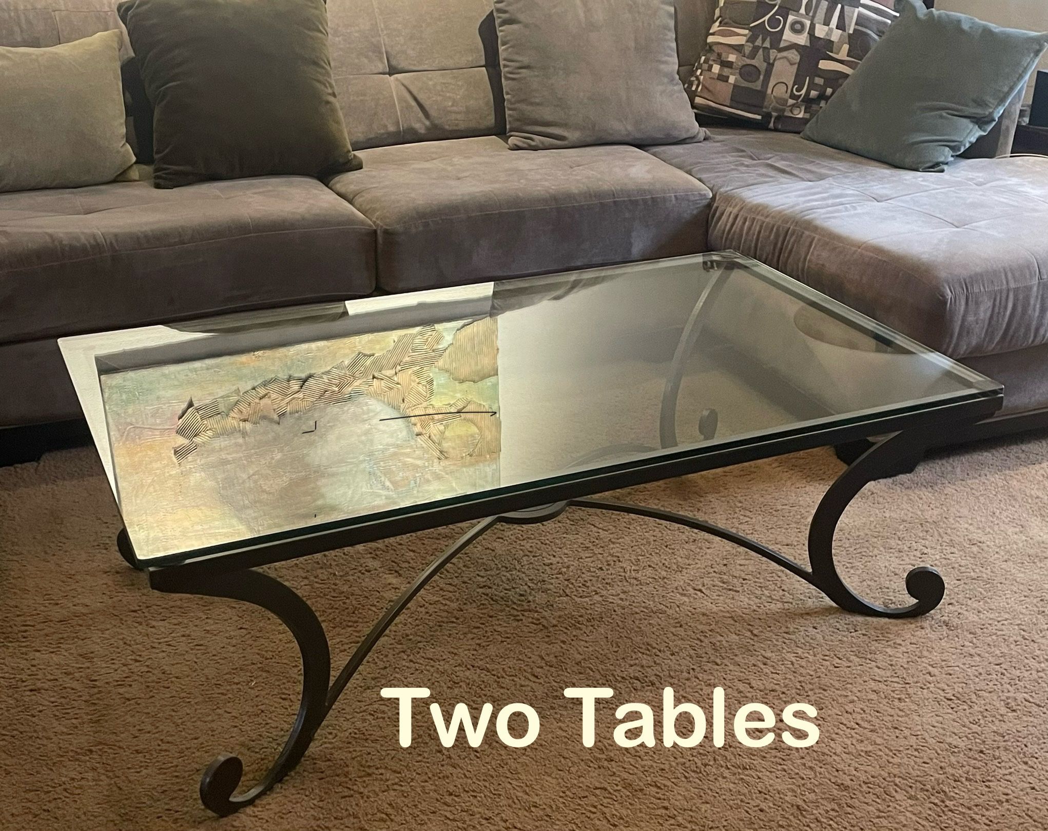 Wrought Iron & Glass Coffee Table, + End Table