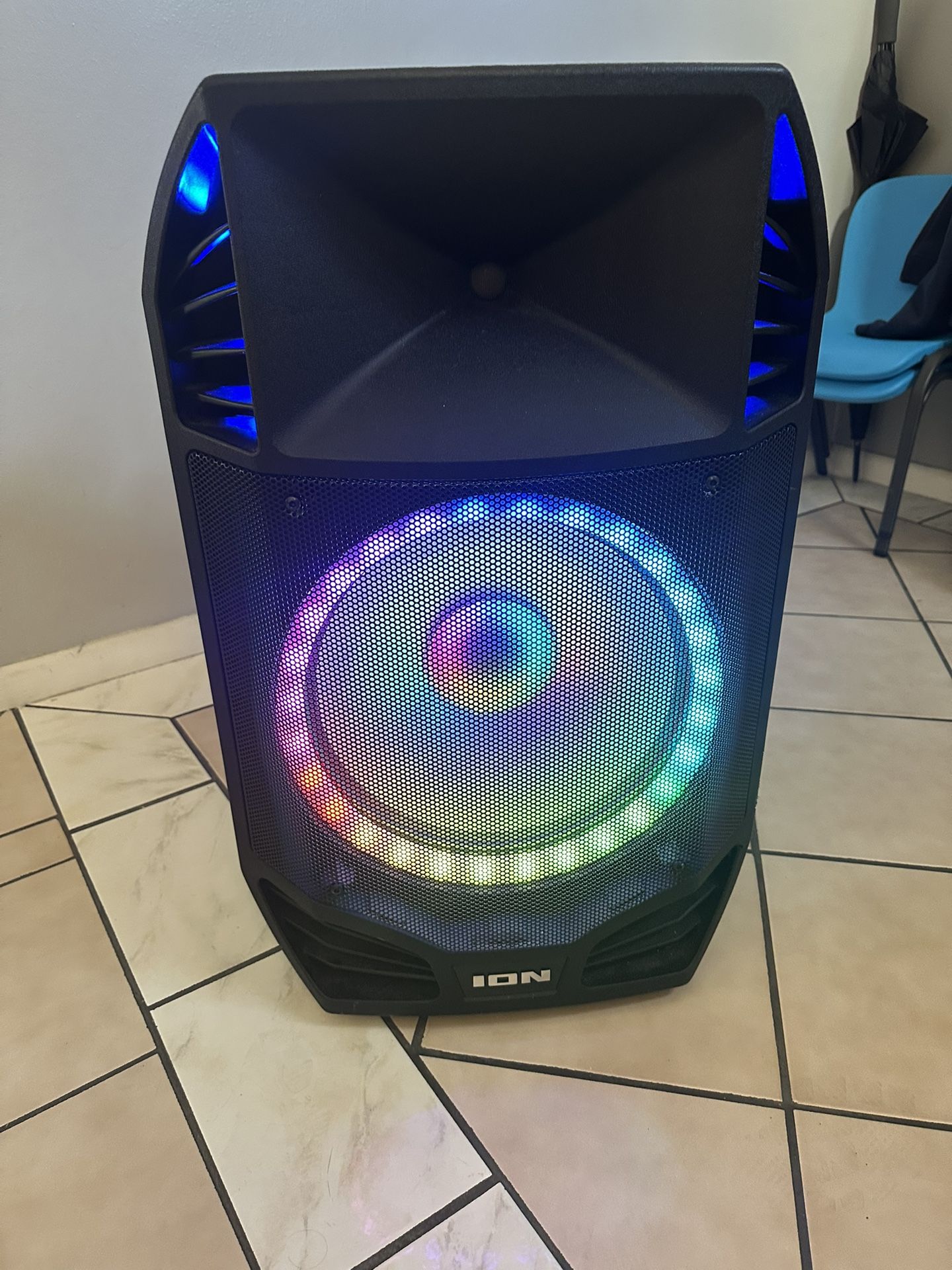 ION bluetooth speaker with rolling wheels and handle