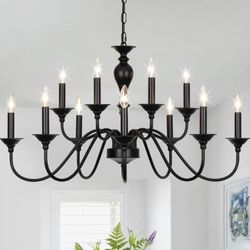 Black Farmhouse Chandeliers for Dining Room Light Fixtures Over Table, 12 Light Industrial Candle Hanging Light Fixture 