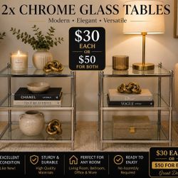 Set of 2 Modern Chrome & Glass Side Tables