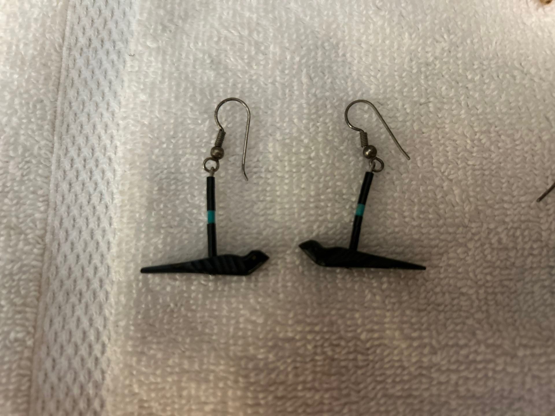 Sterling Silver And Onyx Birds And Onyx And Turquoise Beads Earrings