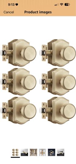 6 Pack Pismo Doorknobs for Hall, Gold Interior Door Knobs with Camelot Trim, Satin Brass Interior Door Handles