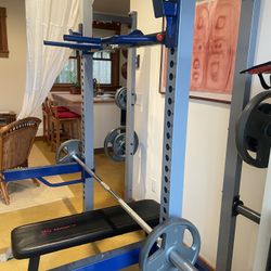 Fitness Gear Pro HR 600 Half Squat Rack, Olympic barbell with 215 LBS of mixed plates & bench