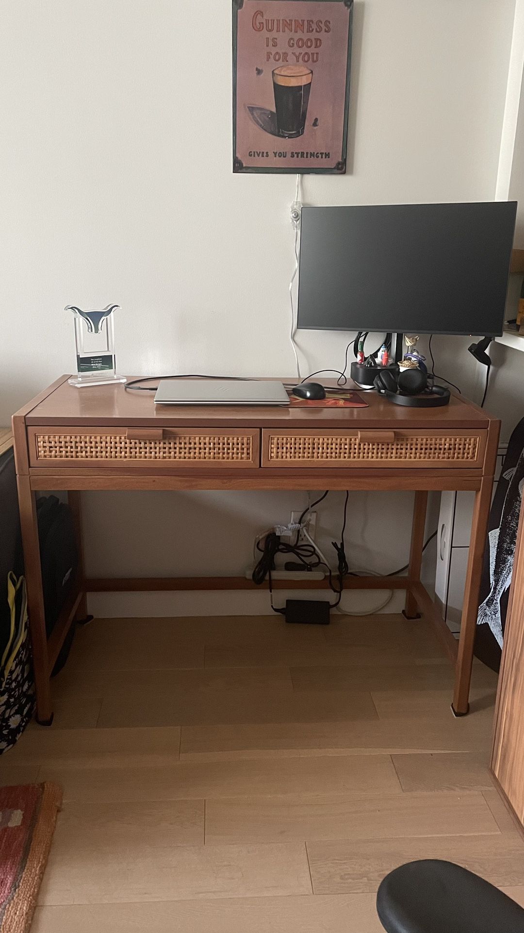 Wood Desk With Rattan Front Drawers