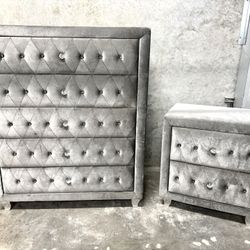 COASTER Fine Furniture 5-Drawer Chest & 2-Drawer Nightstand Set Gray Velvet Tufted Crystal Handles