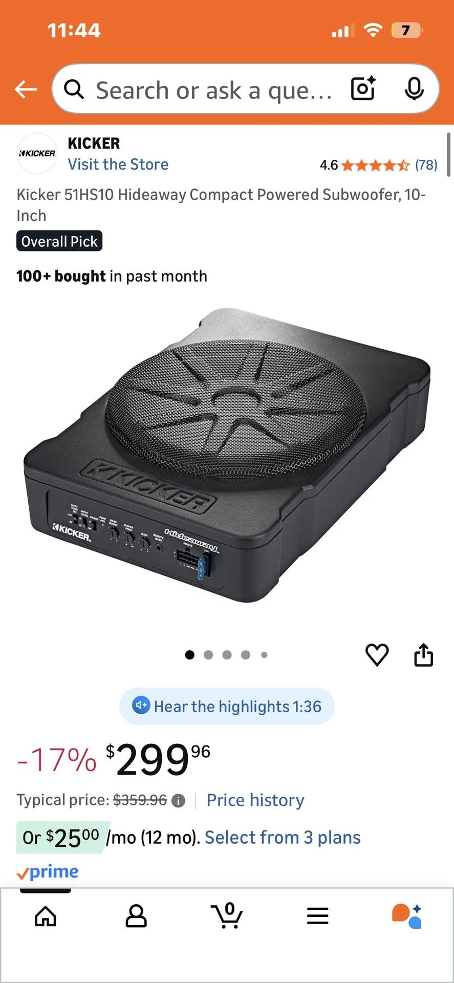 Kicker Hideaway Sub With Amp Combo (Kicker 51HS10 Hideaway Compact Powered Subwoofer, 10-Inch)