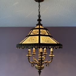 Vintage Brass & Stained Glass Chandelier — 22″ Wide
