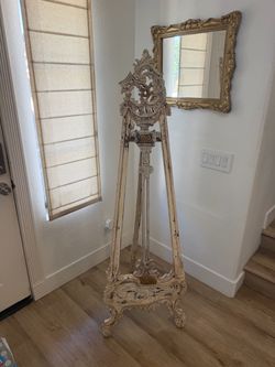 Ornate Carved Wood Floor Easel – Distressed French Provincial / Shabby Chic