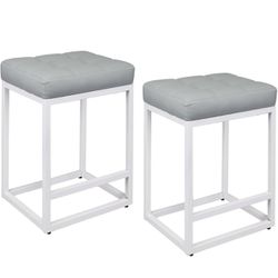 NEW ErgoDesign 25 Inches Frame Bar Stools Set of 2, Fixed Height Metal Stools, Retro Leather Bar Chairs - Grey with White Frame