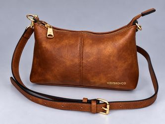 WESTBRONCO Brown Crossbody Bag Cognac Faux Leather Shoulder Purse Gold Hardware
