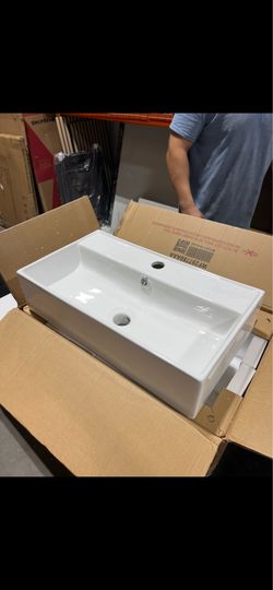 Brand new Wall Mount Bathroom Sink 21x12 Inch White Rectangle Vanity Sink with Overflow Faucet Hole Porcelain Ceramic Floating Bathroom Vessel Sinks, 