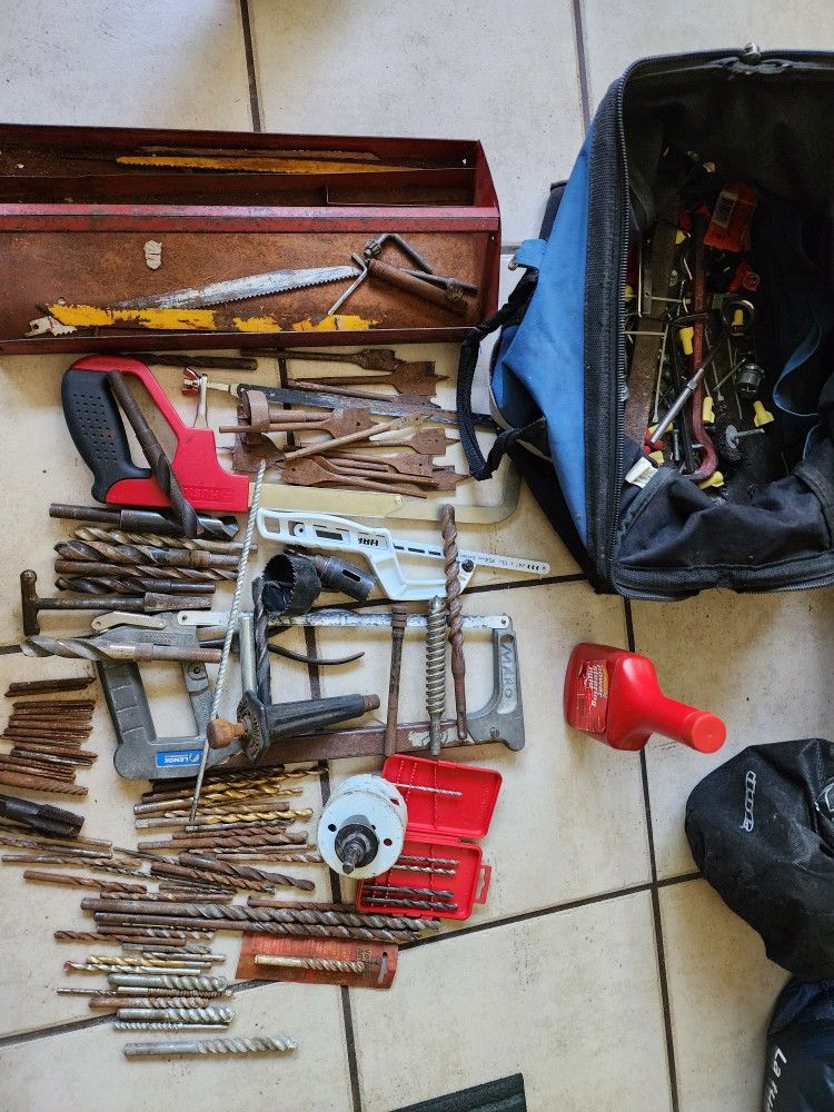 Tool lot w/ McGuire-Nicholas bag + vintage metal box – drills, saws, hole saws (Milwaukee, Ramset, Husky, etc.)

