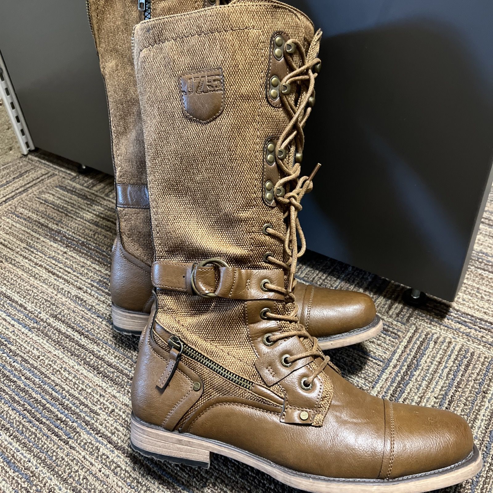 Jump J-75 Decoy Tall Combat Boots Mens 8 Brown Tan Vegan Leather Canvas Zip