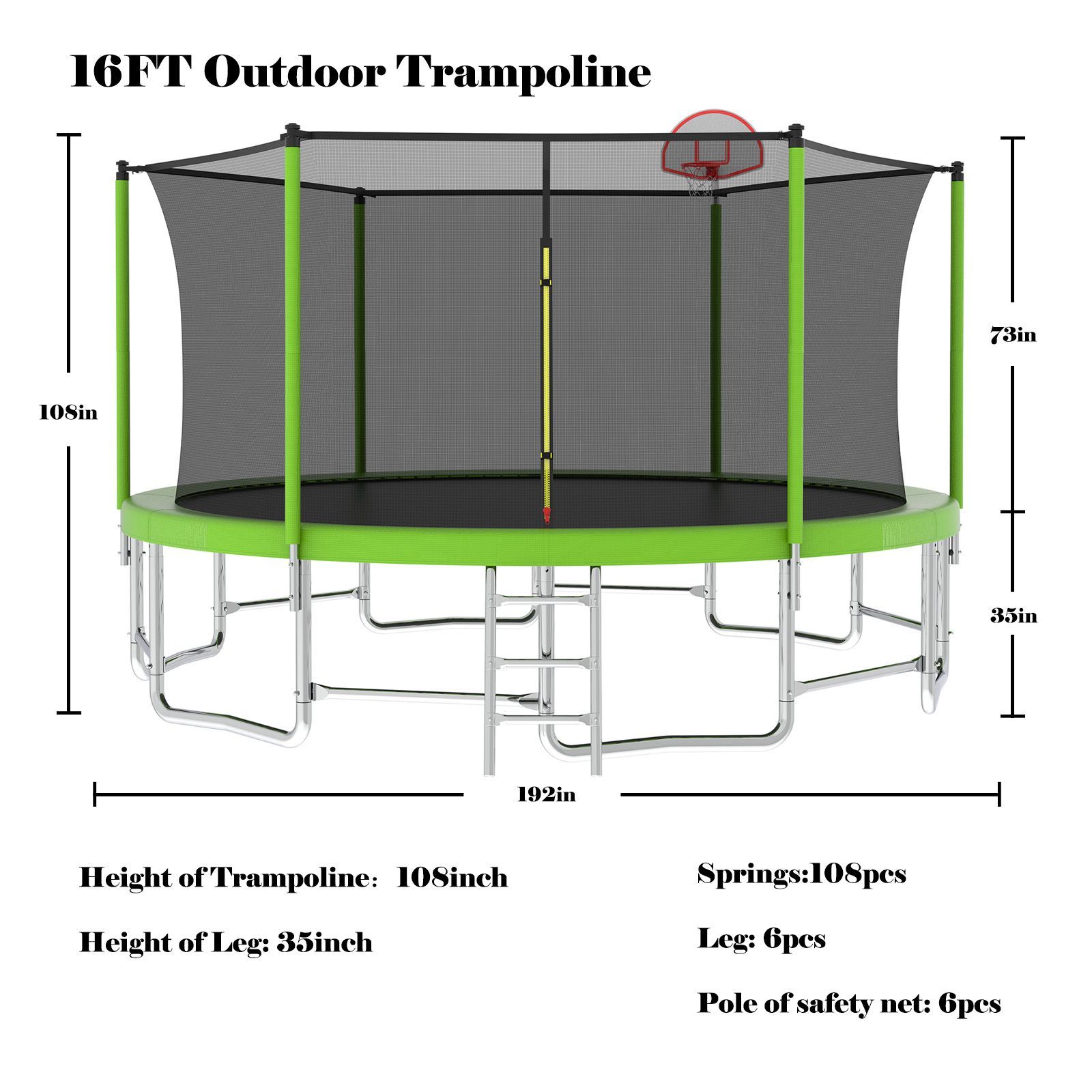 16FT Trampoline with Balance Bar & Basketball Hoop&Ball ASTM Approved Reinforced Type Outdoor Trampoline with Enclosure Net