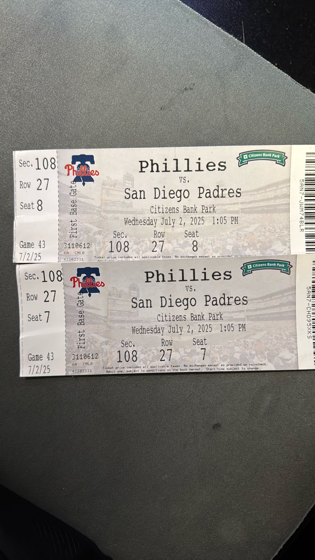 2 PHILLIES VS PADRES TICKETS (JULY 2ND)