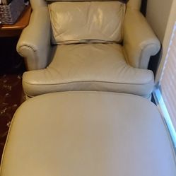 Beautiful Beige Leather Lounge Chair w/ Ottoman