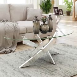Modern Oval Glass Coffee Table Chrome Base