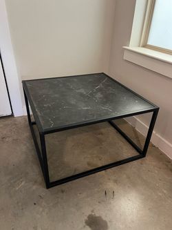 Square Black Marble-Look Coffee Table, Black Metal Frame