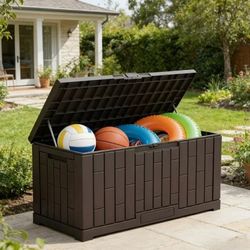 NEW IN A BOX, 60 Gallon Lockable Deck Box - Resin Outdoor Storage Bin with Handles, UV Resistant & Waterproof for Patio Cushions, Gardening Tools, Box