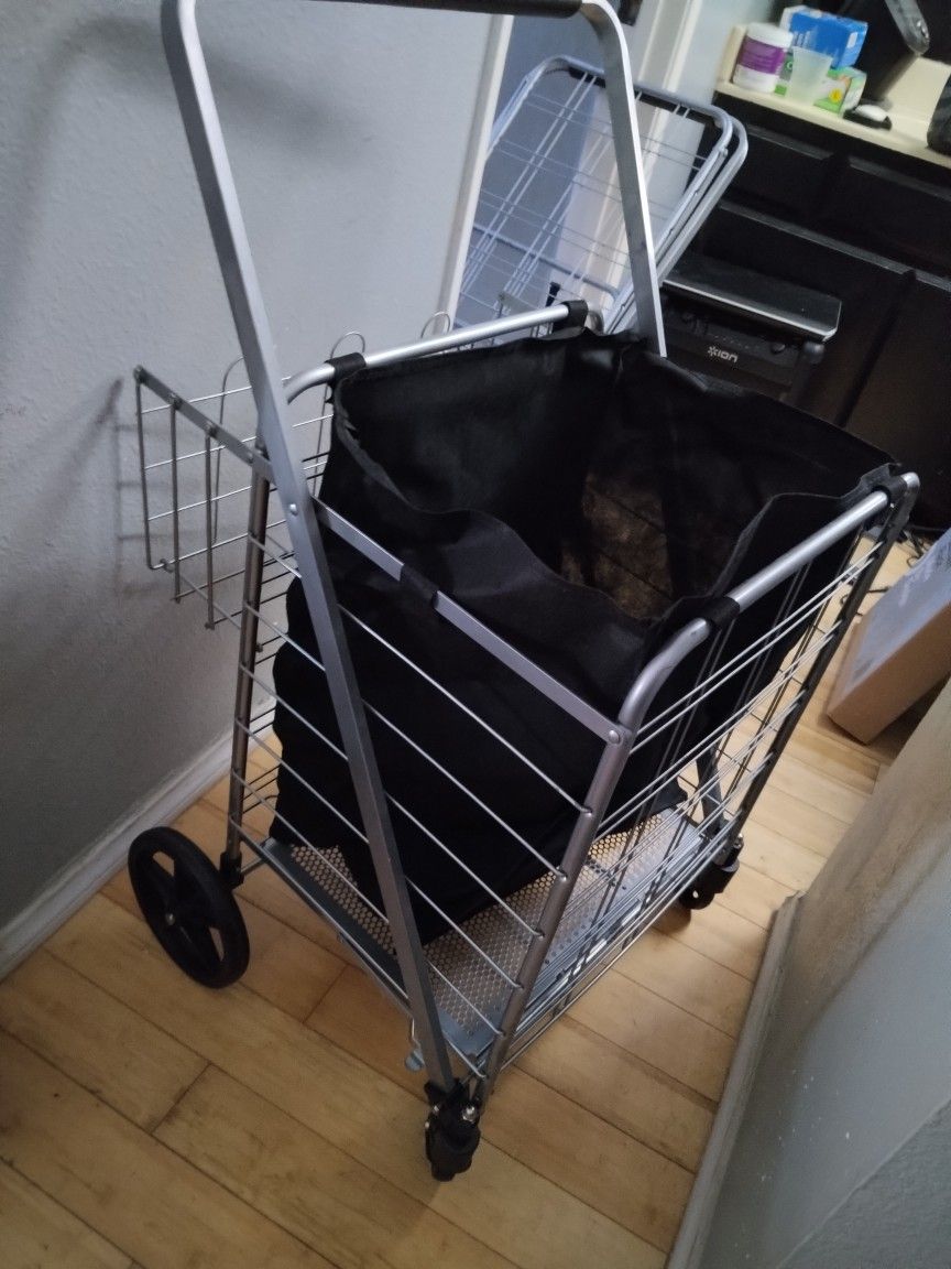 Grocery Shopping Cart with Swivel Wheels, Foldable and Collapsible Utility Cart with Adjustable Height Handle, Heavy Duty Light Weight Trolley

