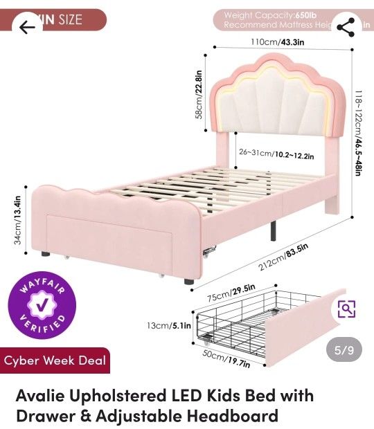 LED Kids Bed with
Drawer & Adjustable Headboard