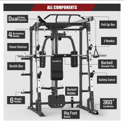 SunHome Smith Machine, 2000LBS Power Cage Squat Rack with Smithbar and Olympic Weights - LAT Pull-Down Systems, Cable Crossover Machine for Home Gym
